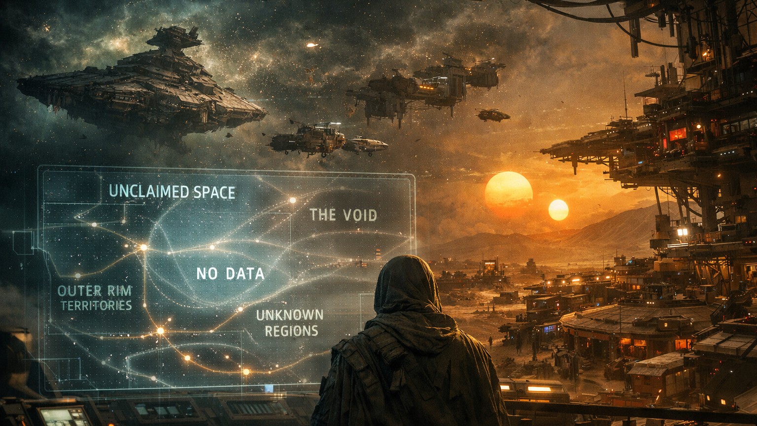 Пограничный космопорт на краю галактики с разнородными кораблями и атмосферой серой зоны, передающий слабость власти и живучесть периферии