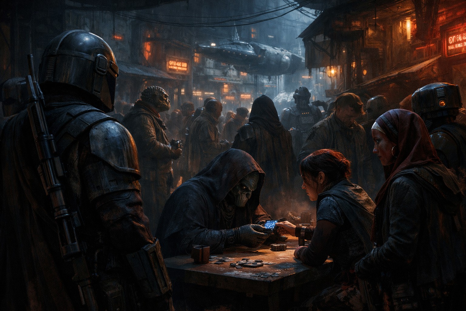 Тёмная улица галактического подполья: на переднем плане охотник в броне и теневые сделки, вокруг — жизнь периферии, к которой Star Wars снова поворачивает взгляд