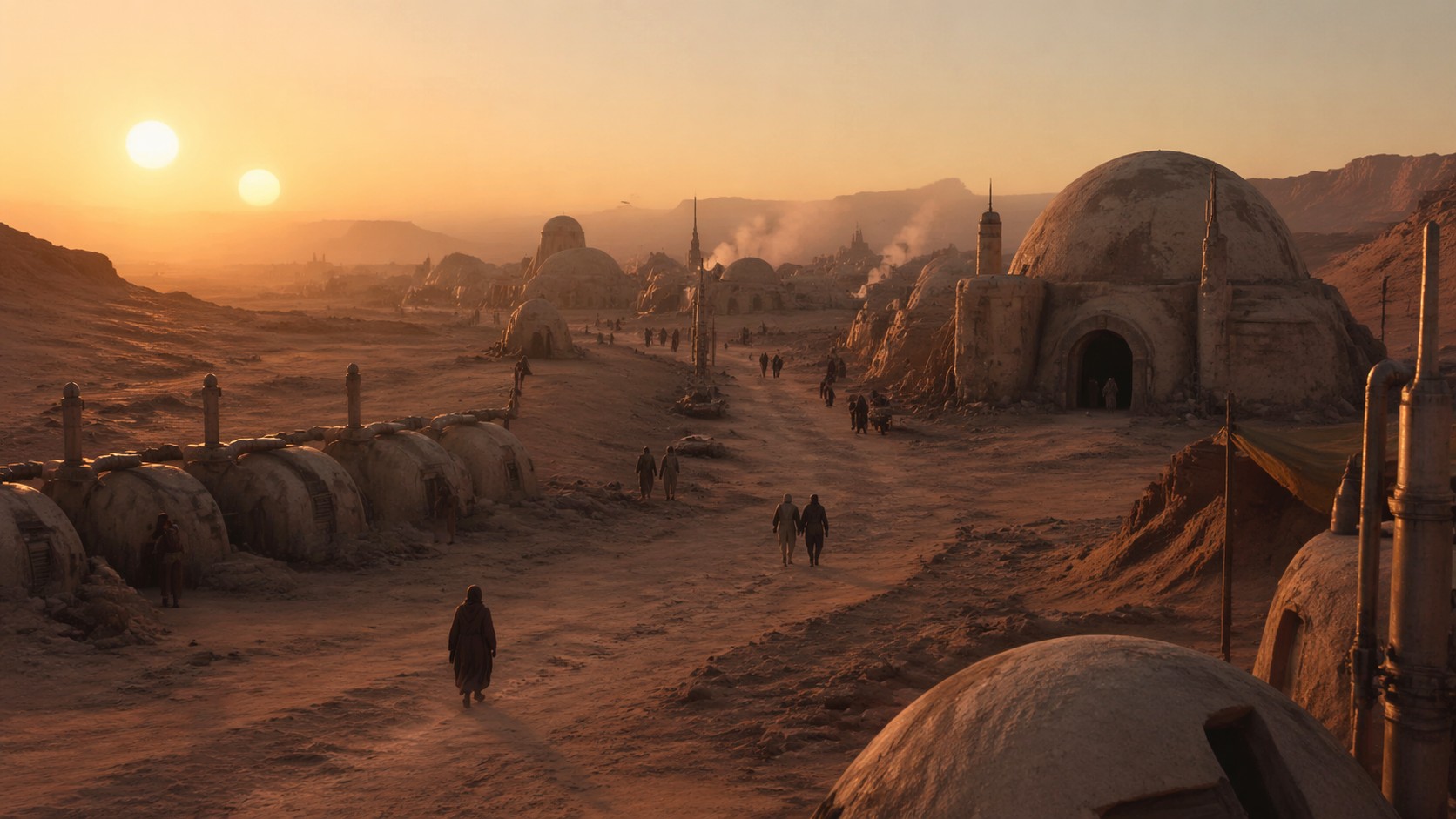 Татуин на закате двух солнц, где повседневная жизнь идёт своим ходом раньше и дольше любых больших режимов.