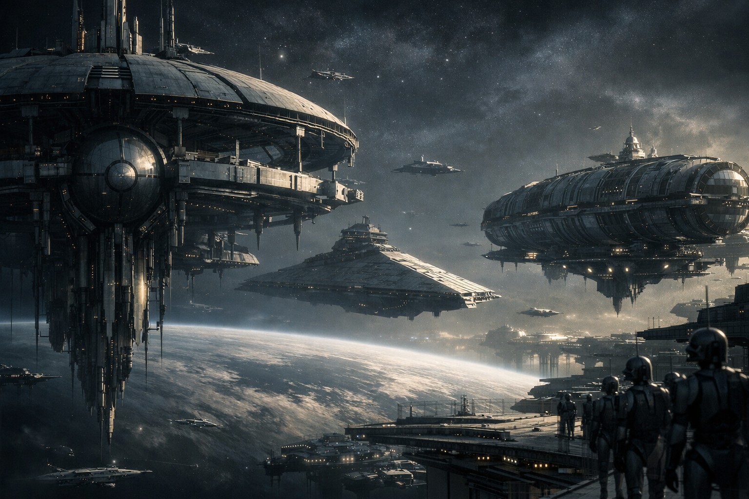 Огромные корабли и станции Торговой Федерации нависают над планетой, превращая экономический порядок в язык блокады и имперского контроля