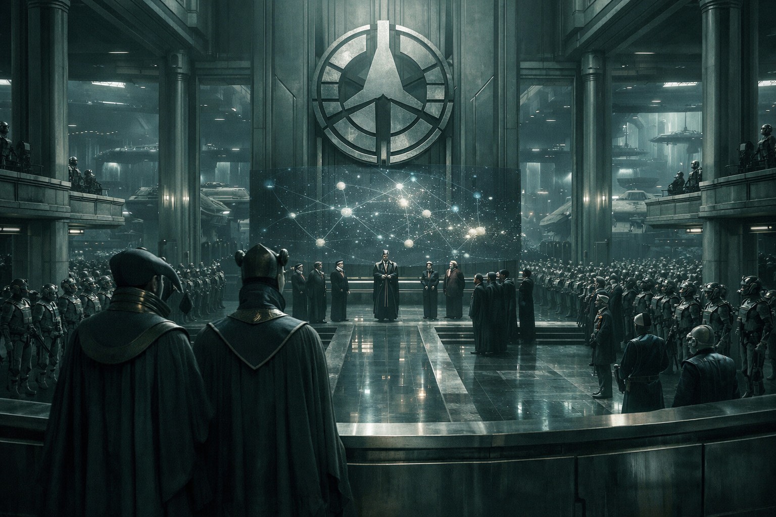 Холодный зал власти Торговой Федерации, где корпоративная дисциплина, бюрократия и вооружённая охрана сливаются в образ государства без подлинной политической души