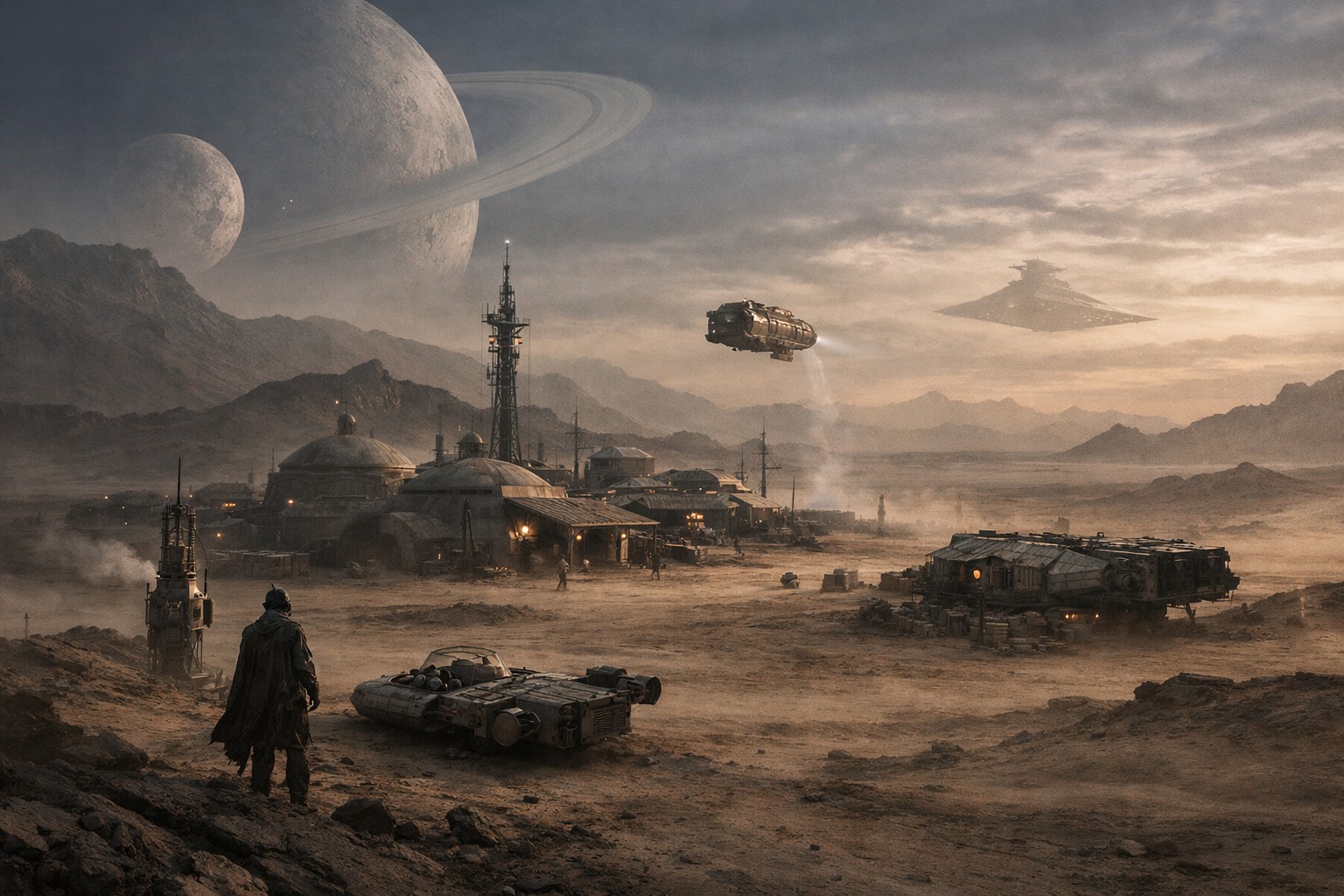 Удалённое поселение Внешнего Кольца под тяжёлым небом и далёким кораблём власти, словно напоминание, почему окраины никогда не верили центру