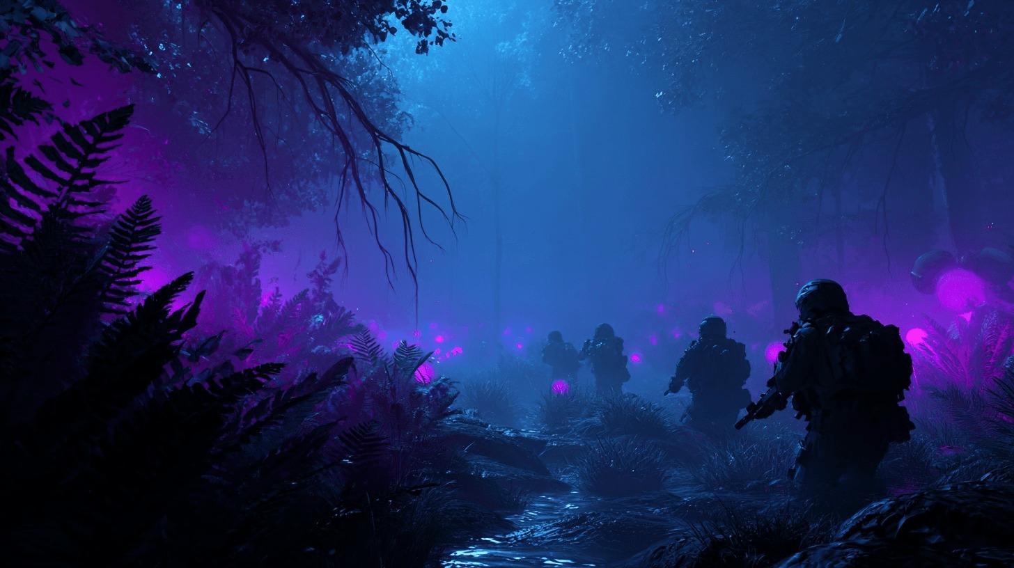 Тёмная атмосферная обложка с фигурами бойцов в фиолетово-синем тумане инопланетного леса, передающая чуждость Умбары и моральную тревогу войны