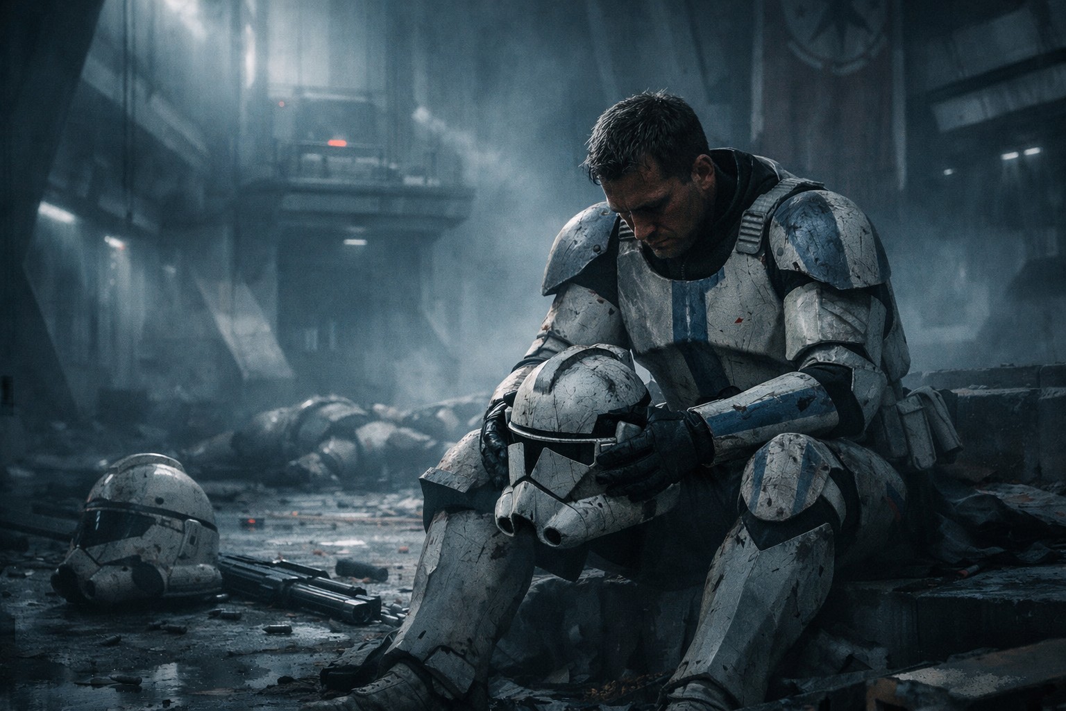Одинокий клон-солдат сидит среди тел павших братьев и держит шлем в момент осознания, что приказ обернулся предательством