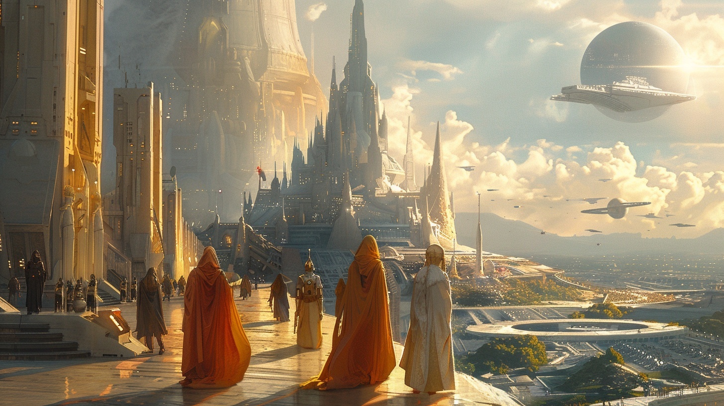 Величественный храм джедаев Высокой Республики в лучах заката, передающий величие и одновременно предчувствие заката эпохи