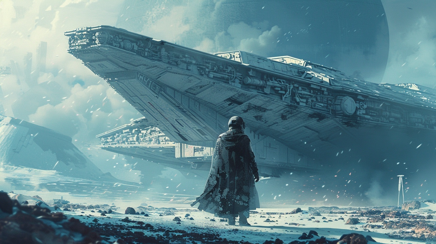 Одинокий ветеран стоит перед гигантскими кораблями ушедшей эпохи, среди холодного пейзажа и ощущения мира после проигранной войны